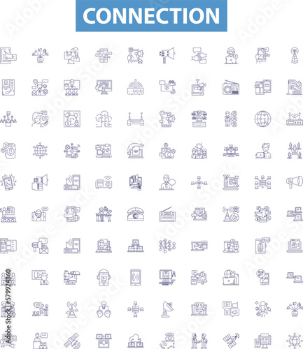 Connection line icons, signs set. Link, Union, Bond, Correlation, Tether, Liaison, Bridge, Synapse, Nexus outline vector illustrations.