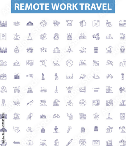 Remote work travel line icons, signs set. Remote, Work, Travel, Remote-Work, Remote-Travel, Working-Remotely, Remotely-Traveling, Telecommuting, Teleworking outline vector illustrations.