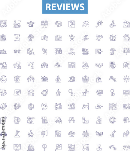 Reviews line icons, signs set. Reviews, Comment, Feedback, Analysis, Evaluate, Judge, Perception, Appraise, Score outline vector illustrations.