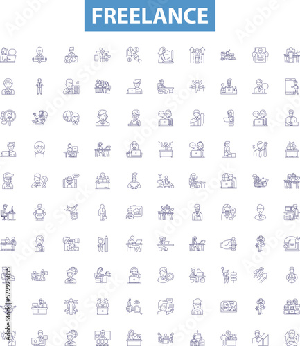Freelance line icons, signs set. Freelancer, Contractor, Outsourcing, Remote, Autonomous, Self employed, Gig, Casual, Temporary outline vector illustrations.