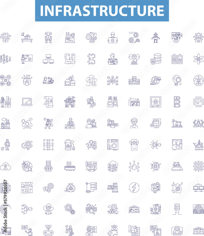 Infrastructure line icons, signs set. Buildings, roads, bridges, sewers, utilities, power, water, telecoms, transport outline vector illustrations.