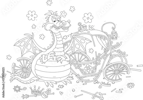 Angry hungry fire-breathing dragon with clouds of smoke ate an unlucky king of a fairytale kingdom and broke his golden carriage, black and white vector cartoon illustration for a coloring book