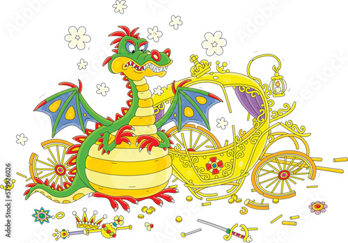 Angry hungry fire-breathing dragon with clouds of smoke ate an unlucky king of a fairytale kingdom and broke his golden carriage, vector cartoon illustration isolated on a white background