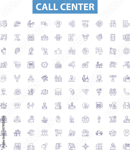 Call center line icons, signs set. Callcenter, Call center, Callcenter Operator, Telemarketing, Voicemail, Live Chat, Support, Agent, Help Desk outline vector illustrations.