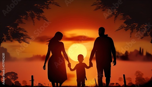 silhouette of a family walking on the sunset