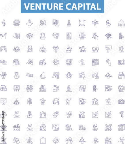 Venture capital line icons, signs set. Venture, Capital, Investing, Seed, Startups, Funding, Equity, Financial, Risk outline vector illustrations.
