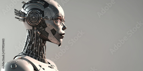 Profile portrait of robot bot ai with connected glasses white background. Synthetic humanoid robot, artificial intelligence.Portrait of gynoid,futuristic cyborg. Banner with space for text, copy space
