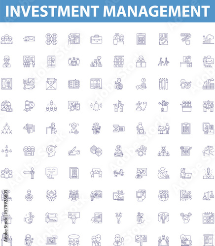 Investment management line icons, signs set. Investment, Management, Wealth, Portfolio, Risk, Capital, Asset, Strategy, Broker outline vector illustrations.