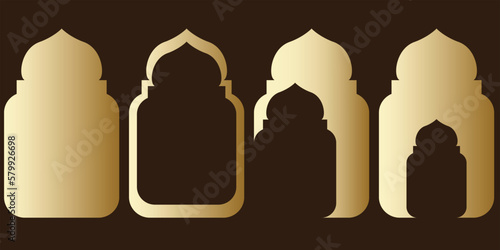 Golden Collection of  lantern style Islamic windows with modern pattern design in brown background, ramadan aesthetic background, luxury background photo