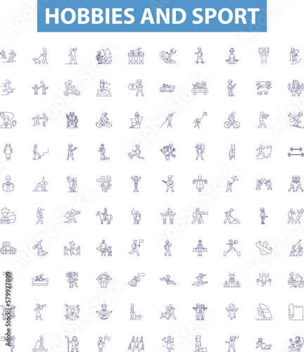 Hobbies and sport line icons, signs set. sport, hobbies, hiking, running, yoga, swimming, cycling, fishing, dancing outline vector illustrations.