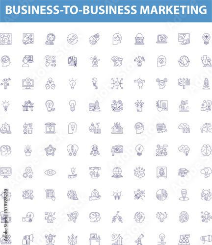 Business-to-business marketing line icons, signs set. BB, Marketing, Selling, Networking, Lead Generation, eCommerce, Content Marketing, Promotion, Customer Engagement outline vector illustrations.