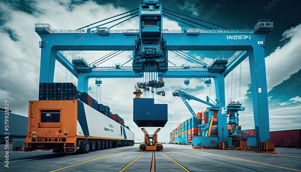 In the international terminal logistic depot sea port idea for freight shipping transportation and service, a smart crane is loading goods with a smart line and a smart wifi World Mariners Day 25 June - obrazy, fototapety, plakaty 