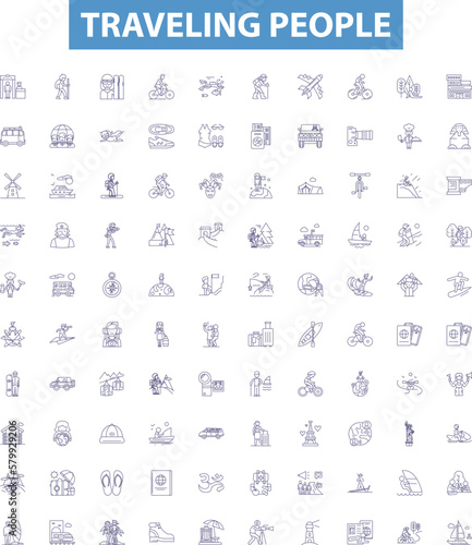Traveling people outline icons collection. Travellers, Voyagers, Roamers, Explorers, Adventurers, Wanderers, Journeyers vector illustration set. Globetrotters,Vagabonds,Backpackers line signs