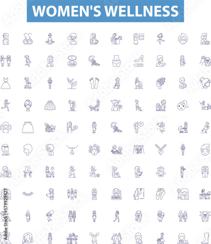 Women's wellness line icons, signs set. Female, Wellness, Health, Nutrition, Fitness, Self Care, Strength, Balance, Hormones outline vector illustrations.