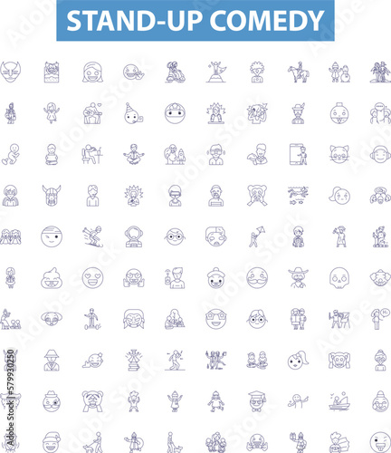 Stand-up comedy line icons, signs set. Humor, Jokes, Comedians, Spoofs, Punchlines, Laughing, Monologue, Wits, Ridicule outline vector illustrations.