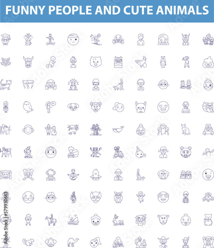 Funny people and cute animals line icons, signs set. Humorous, Furry, Adorable, Amusing, Grinning, Playful, Charming, Cheerful, Delightful outline vector illustrations.