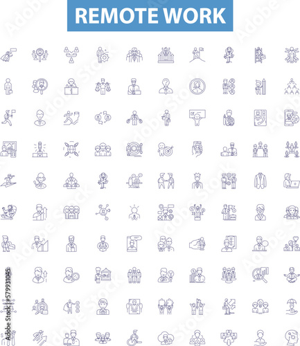 Remote work line icons, signs set. Remote, Work, Telecommuting, Virtual, Distant, Digital, Offsite, Online, Flexible outline vector illustrations.