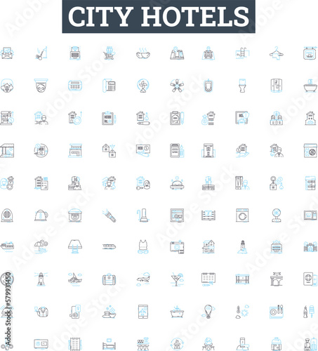 City hotels vector line icons set. city hotels, urban hotels, city centre hotels, inner-city hotels, downtown hotels, hotel accommodation, hotel rooms illustration outline concept symbols and signs