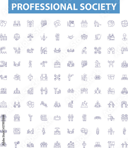 Professional society line icons, signs set. Society, Professional, Network, Association, Community, Membership, Organization, Group, Industry outline vector illustrations.