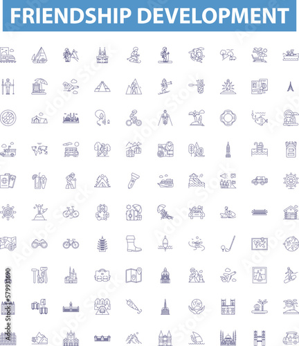 Friendship development line icons, signs set. Bonding, Friendship, Uniting, Strengthening, Connecting, Enhancing, Growing, Evolving, Deepening outline vector illustrations.