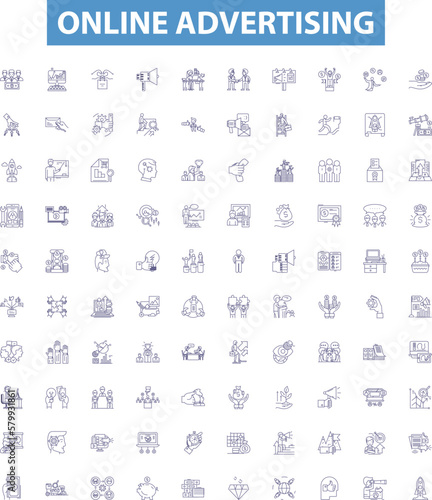 Online advertising line icons, signs set. Digital, Ads, Internet, Promotions, Marketing, Optimization, Placement, Branding, Retargeting outline vector illustrations.