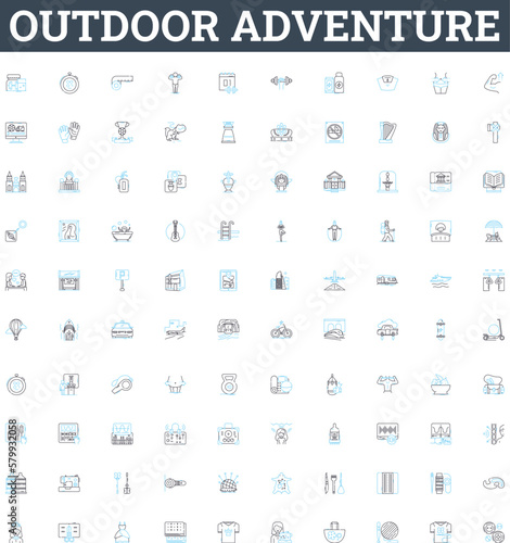 Outdoor adventure vector line icons set. Hiking, Camping, Climbing, Cycling, Canoeing, Surfing, Kayaking illustration outline concept symbols and signs