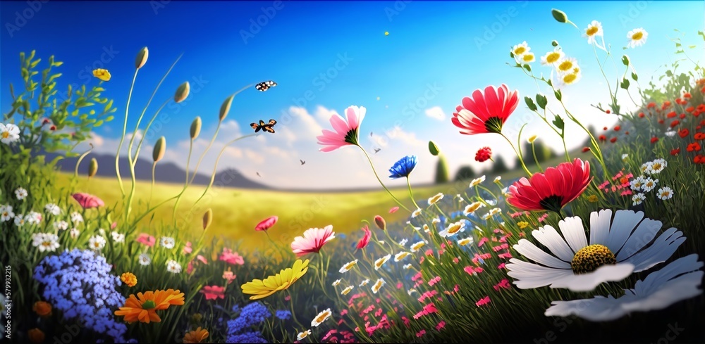 Stunning springtime scene with vibrant wildflowers on a grassy meadow on a sunny day. Generative Ai.