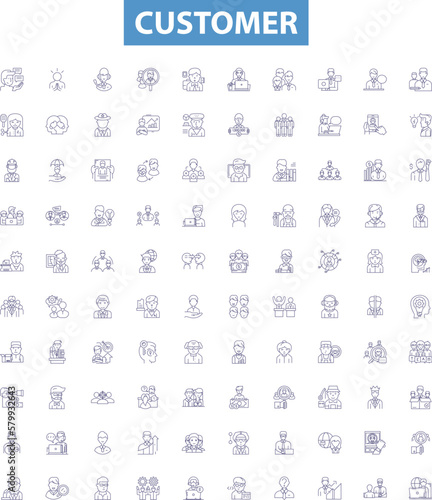 Customer line icons, signs set. Client, Patron, Purchaser, Consumer, Buyer, Subscriber, User, Guest, Participant outline vector illustrations.