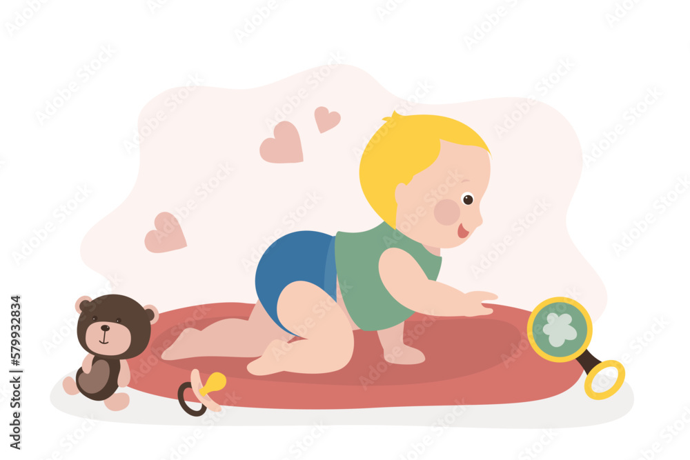 Infant learning to crawl, baby development. First year, baby learn to focus their vision, reach out, explore, and learn about things that are around them. Cognitive or brain development. Infant learning to crawl, baby development. First year, baby learn to focus their vision, reach out, explore, and learn about things that are around them. Cognitive or brain development.