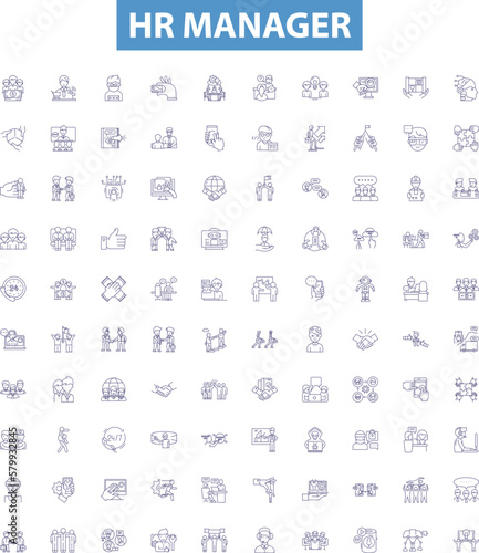 Hr manager line icons, signs set. HR, Manager, Human, Resources, Recruiting, Hiring, Training, Retention, Benefits outline vector illustrations.