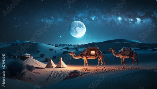 Ramadan concept with camels in the desert at night, a caravan on the sand dunes, and a crescent moon in a starry sky. Generative Ai.