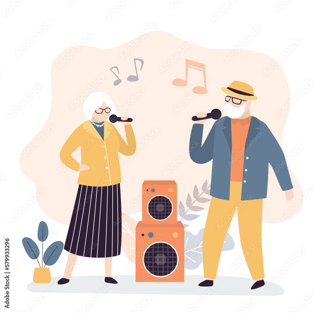 Old people sing song and dancing. Grandmother and grandfather entertainment. Karaoke party. Happy active elderly couple uses mics. Retirement activities concept.