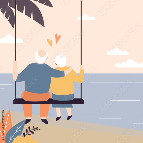 Elderly love couple sitting on swing. Grandparents in love, rear view. Old people have fun, seniors outdoors in park. Relationship, valentine day, greeting card.