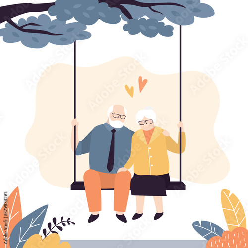 Elderly love couple sitting on swing. Grandparents in love. Old people have fun, seniors outdoors in park. Relationship, spending time together.
