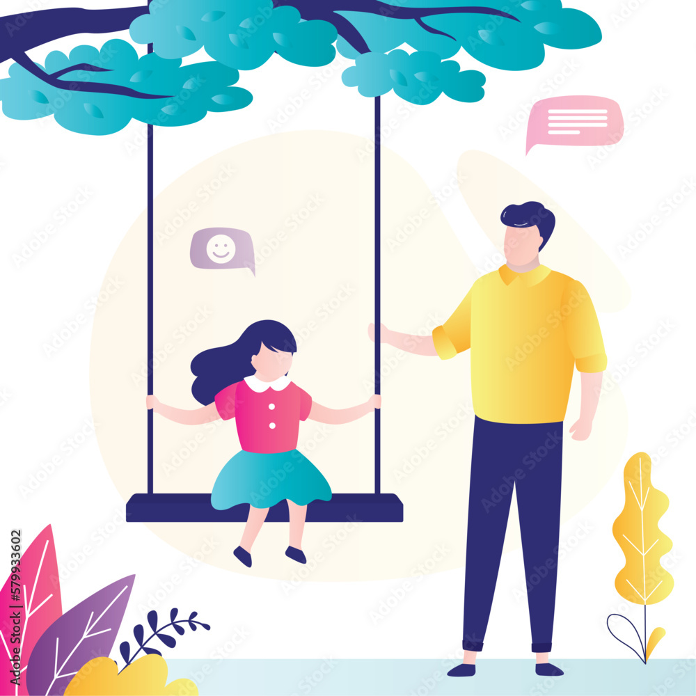 Obraz premium Little girl is sitting on swing. Father swings cute child on swing. Dad spends time with daughter. Active games on playground or in park. Relationships, family portrait. Weekend time.