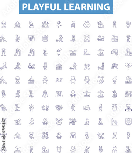 Playful learning line icons, signs set. Frolicking, Entertaining, Cheerful, Joyful, Humorous, Jesting, Comical, Mirthful, Diversionary outline vector illustrations.