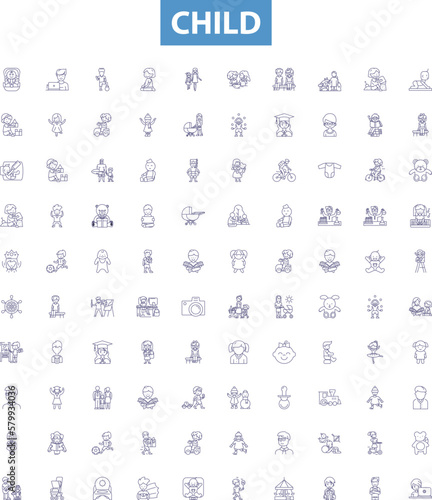 Child line icons, signs set. Infant, Kid, Toddler, Baby, Youth, Minor, Preschooler, Adolescent, Progeny outline vector illustrations.