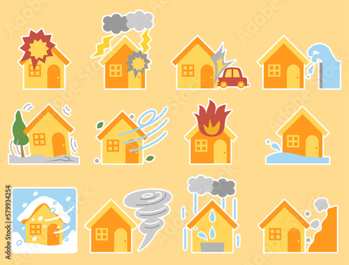 火災保険の挿し絵などに使える災害をイメージしたイラストのセット　白フチ付きバージョン