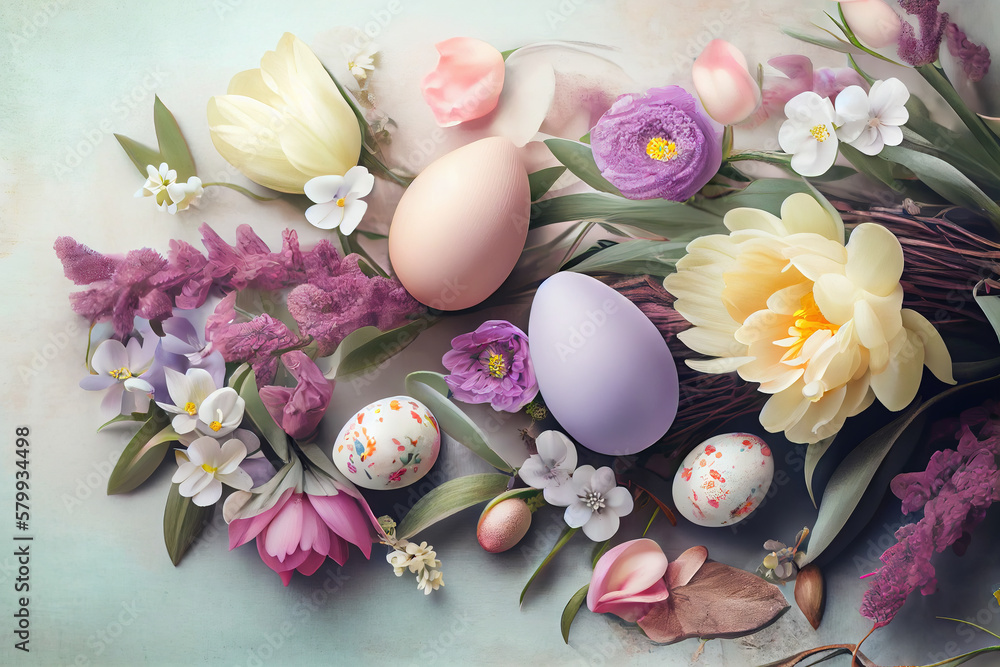 Easter background with copy space. Eggs, flowers, pastel colors illustration top view generative AI, generative, ai Easter background with copy space. Eggs, flowers, pastel colors illustration top view generative AI, generative, ai