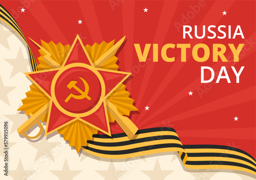 Russian Victory Day on May 9 Illustration with Medal Star Of The Hero and Great Patriotic War in Flat Cartoon Hand Drawn for Landing Page Templates