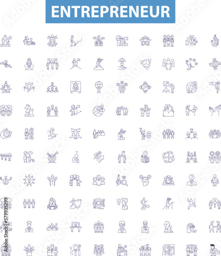 Entrepreneur line icons, signs set. Enterprising, business, innovator, visionary, aspiring, self employed, start up, freelancer, risk taker outline vector illustrations.