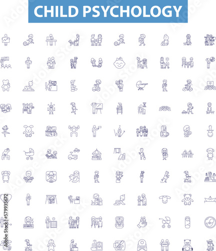 Child psychology line icons, signs set. Child, Psychology, Development, Mental, Cognitive, Behaviour, Emotional, Attachment, Play outline vector illustrations.