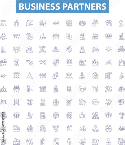 Business partners line icons, signs set. Partners, Business, Collaborators, Associates, Investment, Shareholders, Stakeholders, Investors, Joint Venture outline vector illustrations.