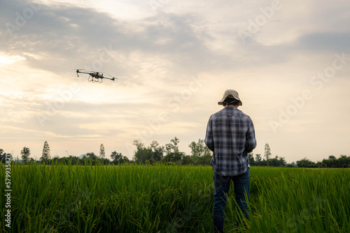Agricultural specialist controls agriculture drone with remote controller for spraying fertilizer and pesticide at rice field. Agriculture 5g, Smart farming, Smart technology concept.