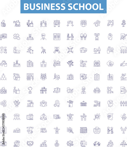 Business school line icons, signs set. Business, School, MBA, Finance, Marketing, Management, Entrepreneurship, Consulting, Investment outline vector illustrations.