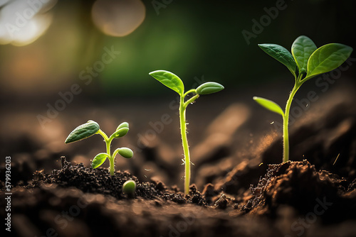 Seedlings are growing on the Coins stack with cubes, business growth, profit, and success development to achieve the target. Strategic planning, created with Generative AI