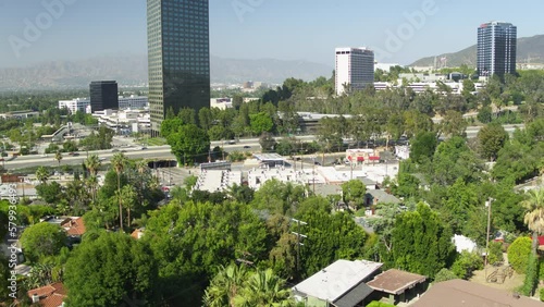 Aerial Drone Shot of Houses in Hollywood Hills with Freeway in Background