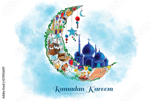 Beautiful decorative moon and mosque ramadan kareem background