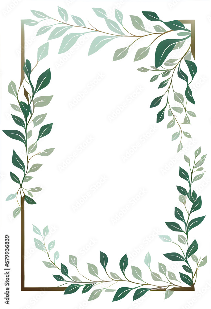 Elegant leafy green decorative rectangular frame of verdant leaves for event promotion, save the date, wedding invitations all-natural fresh herbal lifestyle ads (generative AI, AI)