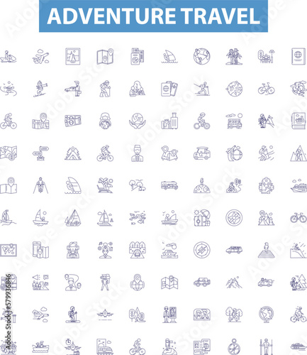 Adventure travel line icons, signs set. Hiking, Trekking, Canoeing, Camping, Skiing, Kayaking, Rafting, Climbing, Sailing outline vector illustrations.